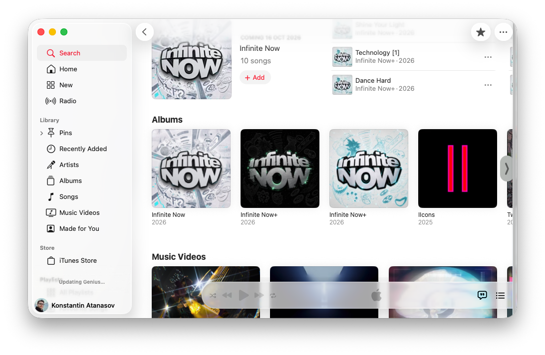 Two Shell's Apple Music page showing three versions of Infinite Now